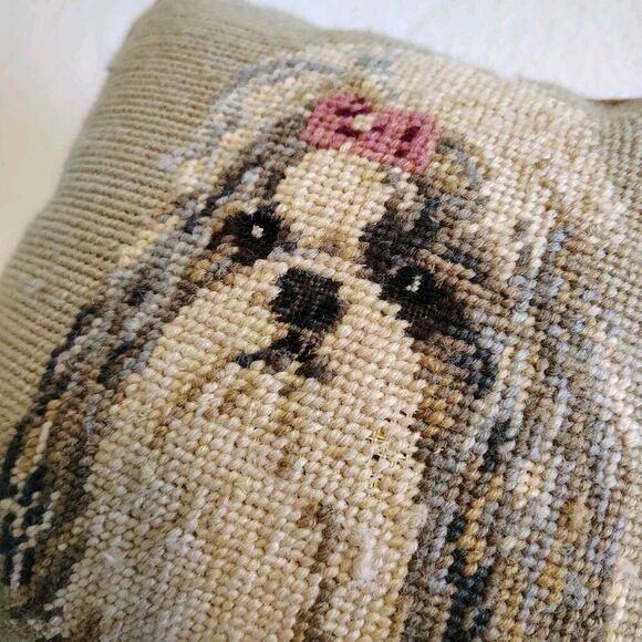 Wool Needlepoint Shih Tzu Dog Throw Pillow Cushion 10x10 Handmade - Picture 2 of 5